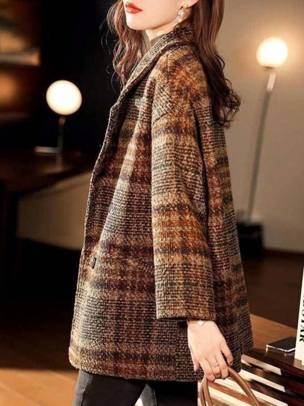 Coffee Brown Casual Women's Loose Plaid Lapel Button Long Sleeve Jacket - Picture 2 of 3